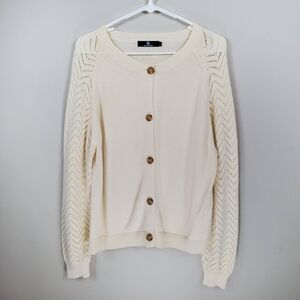 Lillusory Size L Cream Button Front Ribbed Knit Chevron Sleeve Sweater Cardigan